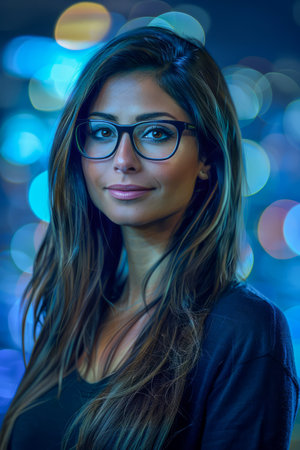 Elegant Young Woman with Glasses Portrait, Vibrant Night City Lights Bokeh Background, Fashionable Urban Female AI Generativeの素材