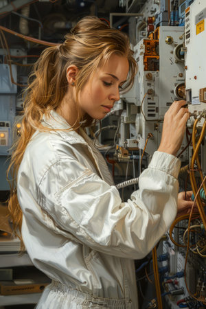 Professional Female Technician Working on Complex Electrical Panel with Wiring in Industrial Environment AI Generativeの素材