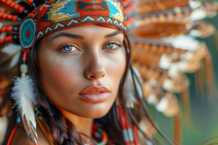 Stunning Portrait of a Young Woman in Traditional Native American Headdress with Intricate Beadwork and Feather Details AI Generativeの素材
