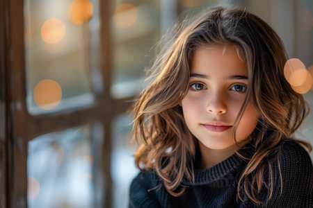 Close Up Portrait of a Young Girl with Beautiful Eyes and Casual Sweater with Soft Bokeh Lights Background Indoors AI Generativeの素材