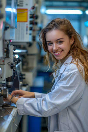 Smiling Young Female Engineer Working on Machinery in Industrial Environment AI Generativeの素材