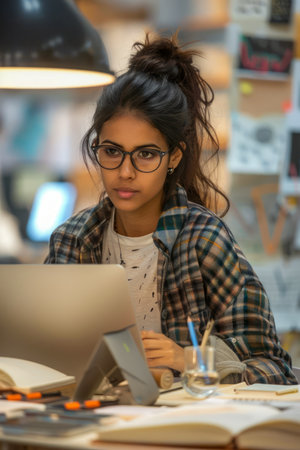 Young Female Professional Focused on Work at Her Desk Surrounded by Books and Laptop in Office Environment AI Generativeの素材