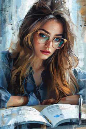 Portrait of a Young Woman with Glasses Engrossed in Reading a Book, Artistic Illustration with Vibrant Colors AI Generativeの素材