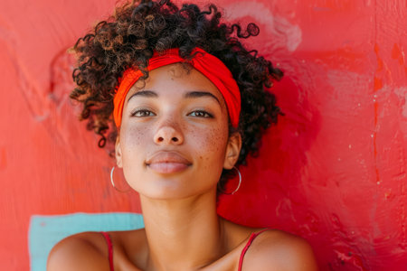 Young Woman with Curly Hair Wearing Headband Against Red Wall Portrait of Stylish Female with Fashionable Earrings Smiling at Camera AI Generativeの素材