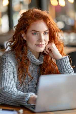 Smiling Redheaded Woman Working on Laptop in Cozy Cafe Environment with Warm Ambiance AI Generativeの素材