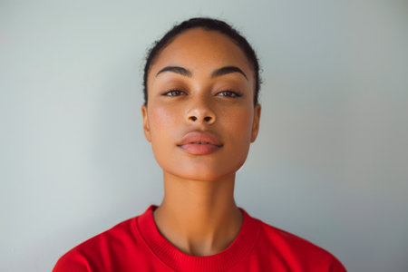 Portrait of a Confident Young Woman in Red Shirt with Neutral Background and Natural Light AI Generativeの素材