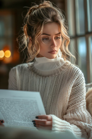Serene Young Woman Enjoying a Cozy Reading Session in Warm Indoor Lighting AI Generativeの素材