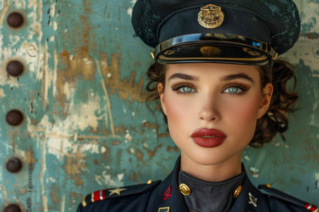 Portrait of a Young Woman in a Vintage Military Uniform Posing by a Rusty Metal Door AI Generativeの素材