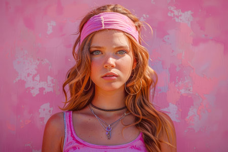 Stylish Young Woman Posing with Pink Aesthetic, 90s Fashion Vibes, Trendy Urban Portrait Background for Summer AI Generativeの素材