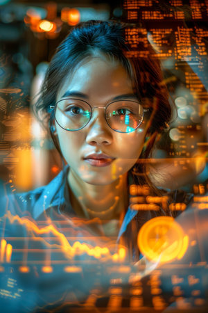 Young Asian Woman with Glasses Surrounded by Futuristic Digital Graphics and Financial Charts AI Generativeの素材