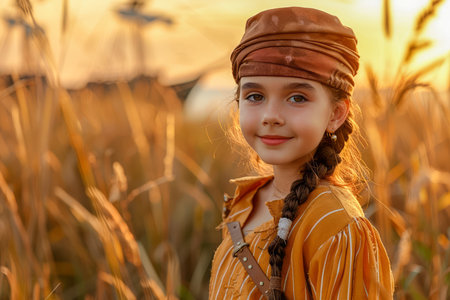 Smiling Young Girl in a Yellow Dress Enjoying Golden Hour in a Wheat Field with Vintage Style Apparel AI Generativeの素材