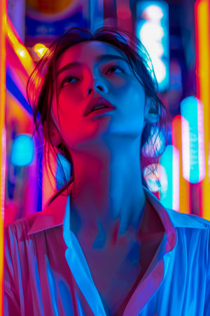 Young Woman in Neon Lights Urban Setting, Fashion Portrait with Vivid Colors, Modern Nightlife Atmosphere, Trendy Youth Lifestyle AI Generativeの素材