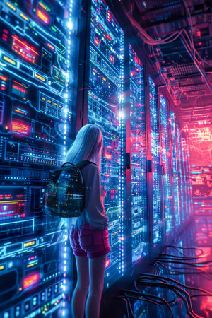 Futuristic Cyberpunk Data Center with Female Technician Standing Amidst Servers AI Generativeの素材