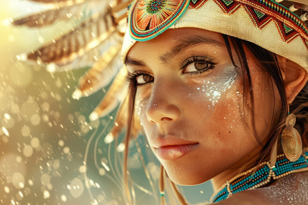 Ethereal Portrait of a Young Woman in a Native American Headdress with Sparkling Lights and Earthy Tones AI Generativeの素材