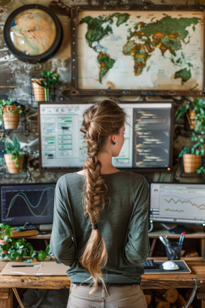 Young Woman Planning World Travel Adventure with Maps and Laptop in Cozy Home Office AI Generativeの素材