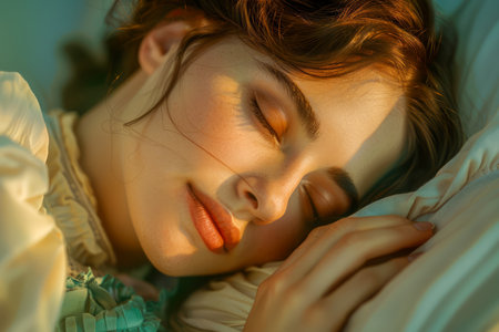 Tranquil Young Woman Enjoying Peaceful Sleep in Sunlit Bedroom, Calm Morning, Restful Slumber, Serenity Concept AI Generativeの素材