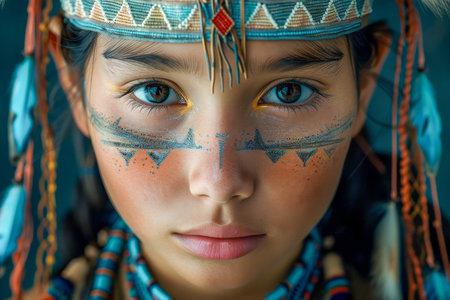 Young Girl in Traditional Native American Costume with Tribal Face Paint Gazing Forward AI Generativeの素材