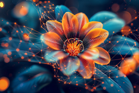 Abstract Digital Art of Flower with Glowing Networks on Dark Background for Conceptual and Modern Design Use AI Generativeの素材