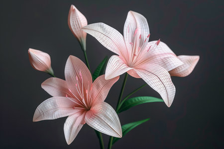 Elegant Pink Artificial Lily Flowers with Green Leaves on a Dark Background for Modern Home Decor and Design AI Generativeの素材