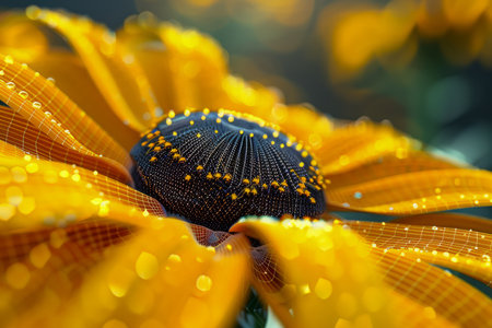 Vibrant Yellow Sunflower Petals with Water Droplets in Macro Photography on a Sunny Day AI Generativeの素材