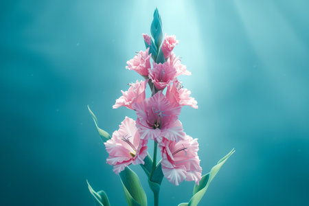Serene Underwater Scene with Elegant Pink Gladiolus Flower Illuminated by Sunbeams Penetrating the Ocean AI Generativeの素材