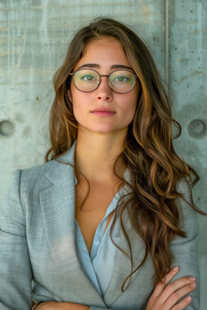 Confident Businesswoman in Stylish Eyeglasses and Gray Blazer Posing Against Textured Concrete Background AI Generativeの素材