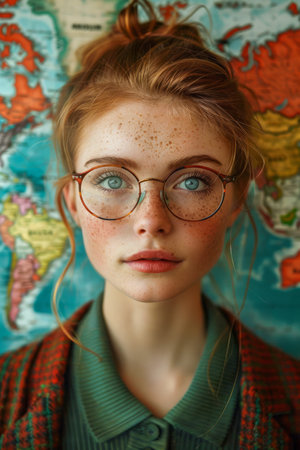 Portrait of a Young Woman with Freckles Wearing Glasses in Front of a World Map Background Introspection and Adventure Concept AI Generativeの素材