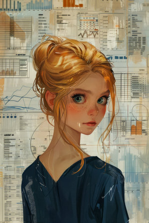 Vintage Inspired Artistic Illustration of a Young Woman with Golden Hair and Urban Background AI Generativeの素材