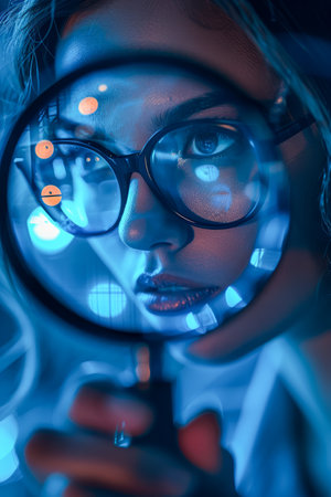 Woman Detective with Magnifying Glass, Investigating in Blue Neon Light, Close Up Portrait with Bokeh AI Generativeの素材