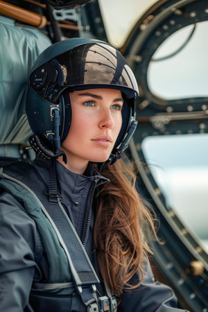 Confident Female Pilot in Cockpit with Helmet, Poised Professional Aviator, Portrait of Determined Woman in Aviation Gear, Focused and Ready AI Generativeの素材