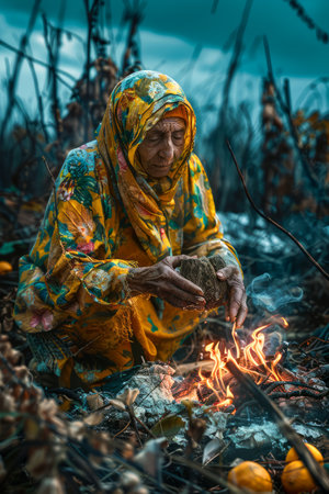 Elderly Woman in Traditional Attire Warming Hands Over Fire Amongst Dry Plants at Dusk AI Generativeの素材