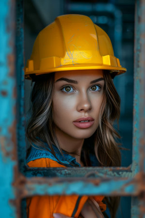 Young Female Engineer Wearing Protective Helmet at Industrial Facility, Professional Woman Portrait AI Generativeの素材