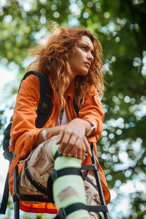 Young Woman with Curly Hair in Orange Jacket Outdoors Climbing on Playground Equipment AI Generativeの素材