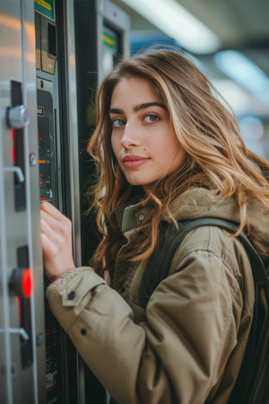 Young Woman Buying Ticket from Urban Vending Machine, Casual Style, City Transport Lifestyle AI Generativeの素材