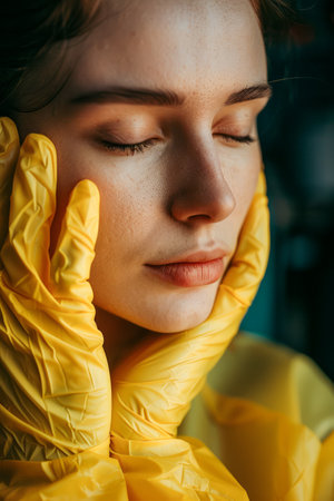 Serene Young Woman with Closed Eyes Wearing Yellow Gloves and Hood Profile Portrait with Soft Natural Light AI Generativeの素材