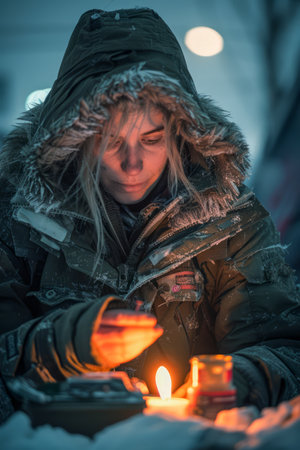 Young Woman in Winter Jacket Warming Hands Over Small Flame in Snowy Evening Light AI Generativeの素材