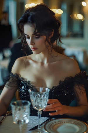 Elegant Woman in Black Evening Dress Contemplating over Dinner Table with Vintage Crystal Glassware in Dim Romantic Setting AI Generativeの素材
