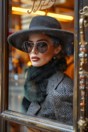 Elegant Woman in Hat Gazing Through Shop Window on City Street Fashionable Lady with Retro Style Outdoors AI Generativeの素材