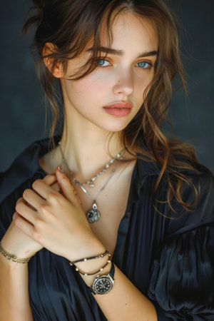 Elegant Young Woman with Piercing Blue Eyes Posing in Stylish Black Dress and Trendy Accessories AI Generativeの素材