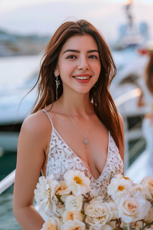 Radiant Young Woman Smiling Holding a Bouquet of White Roses by the Sea at Sunset with Boats in the Background AI Generativeの素材