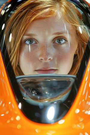 Young Woman with Intense Gaze Peering Through Transparent Glass Sphere with Orange Abstract Background AI Generativeの素材