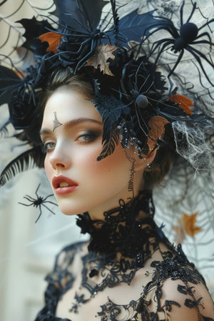 Elegant Gothic Woman with Black Lace Attire and Feathered Headdress in Vintage Setting AI Generativeの素材