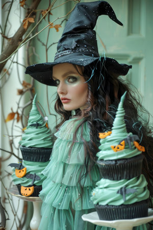 Enchanting Witch Holding Halloween Cupcakes with Festive Decorations and Rustic Backdrop AI Generativeの素材