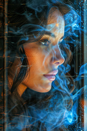 Contemplative Young Woman Gazing Through Misty Window with Ethereal Blue Lighting and Smoke Effects in Artistic Portrait AI Generativeの素材