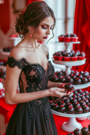 Elegant Woman in Black Evening Gown Posing with Chocolate Covered Strawberries at Luxurious Party AI Generativeの素材