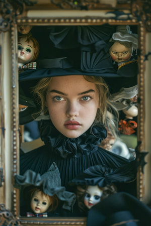 Surreal Portrait of a Young Woman with Vintage Attire Among Creepy Dolls in Antique Frame AI Generativeの素材