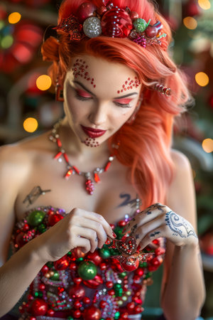 Festive Woman with Vibrant Red Hair Adorning Christmas Themed Makeup and Accessories AI Generativeの素材