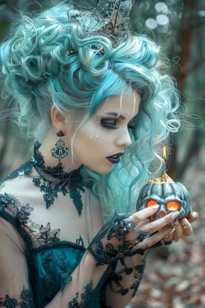 Enchanting Fantasy Woman with Blue Hair Holding a Glowing Pumpkin in a Mystical Forest Scene AI Generativeの素材