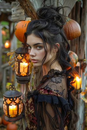 Enchanting Young Woman in Vintage Gothic Costume with Pumpkins and Lanterns Halloween Theme Portrait AI Generativeの素材