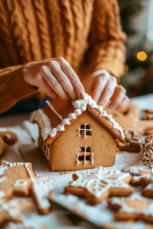 Hands Decorating Festive Gingerbread House with Icing on Christmas Eve, Holiday Baking Tradition, Close Up AI Generativeの素材